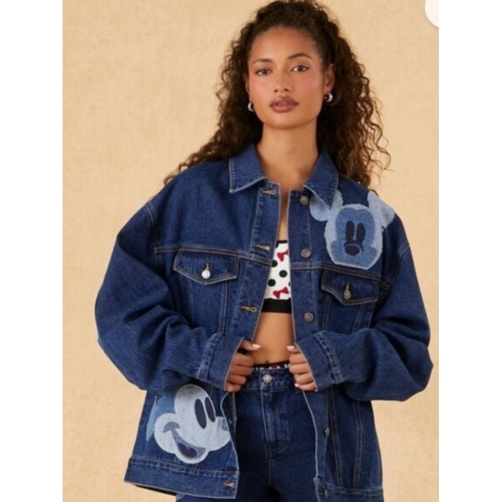 Disney Forever 21 Mickey Mouse Denim Jacket Blue Oversized Patchwork Womens S